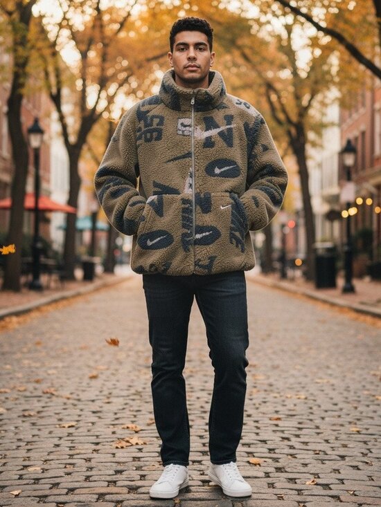Nike Other - Nike Sportswear Men's High-Pile Sherpa Fleece Jacket Olive Logo Print XS